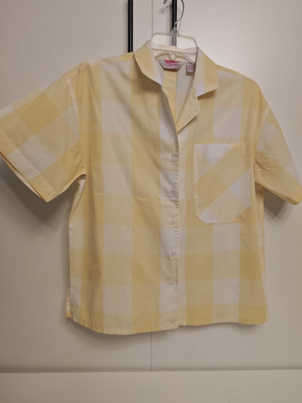 Vintage Honors Yellow Plaid Short Sleeve Button Down Shirt Large Gingham Pocket